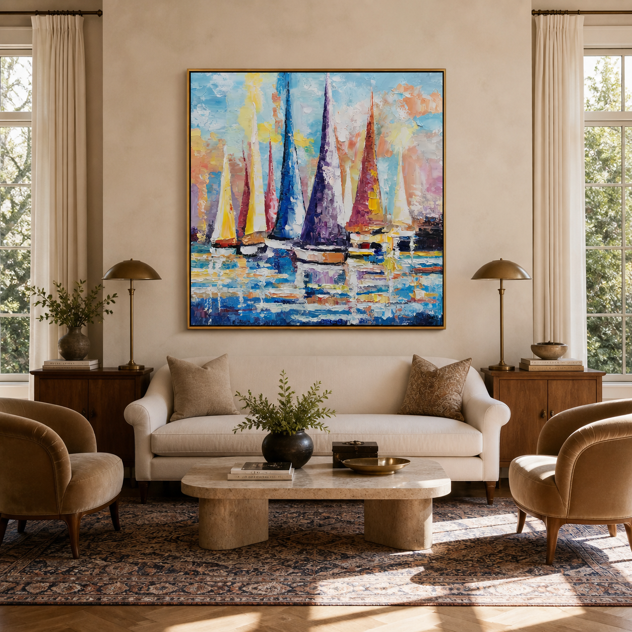 "Azure Meadow Horizon" - Abstract Landscape Art | 3D Blue & orange Impasto Canvas Painting | Luxury Square Wall Art #LC 148