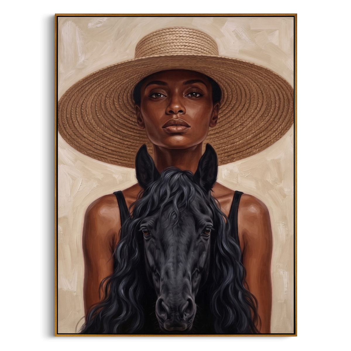"Straw Hat Horse Portrait Painting" - Modern Heavy Impasto Western Animal Artwork | Beige & Black Palette Knife Painting | Luxury Vertical Wall Art #PT 1000