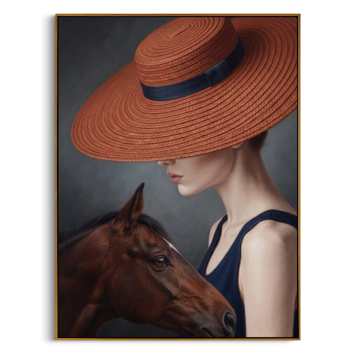"Red Hat Horse Portrait Painting" - Modern Heavy Impasto Western Animal Artwork | Orange & Brown Palette Knife Painting | Luxury Vertical Wall Art #PT 1002