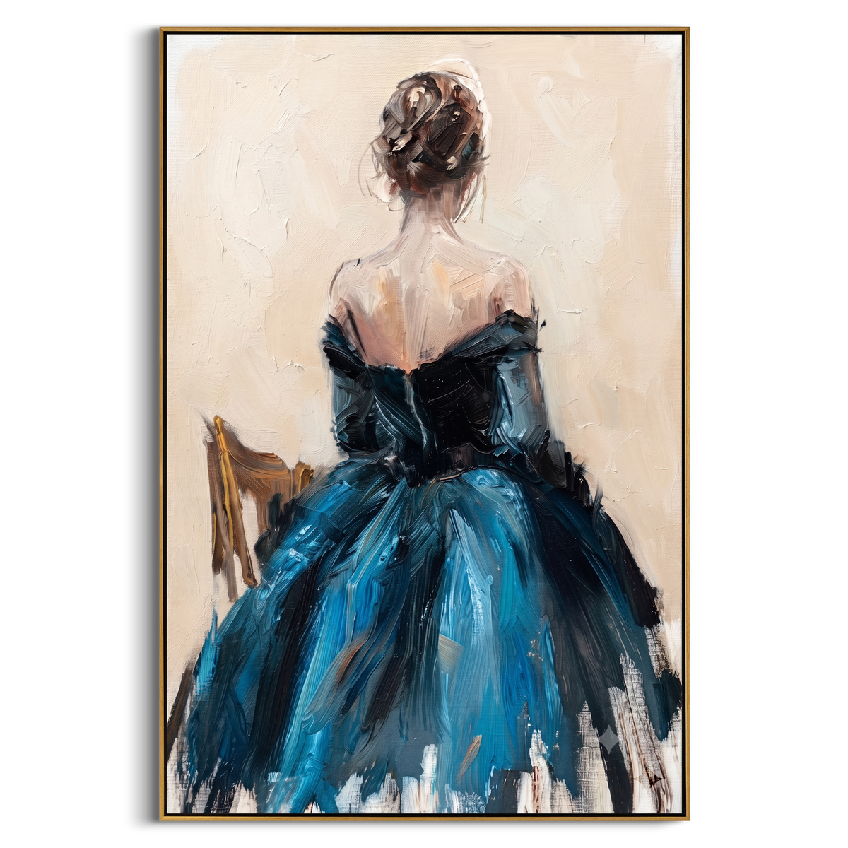 "Cream Blue Evening Dress Painting" - Modern Heavy Impasto Abstract Artwork | Blue & Black Palette Knife Painting | Luxury Vertical Wall Art #PT 1004