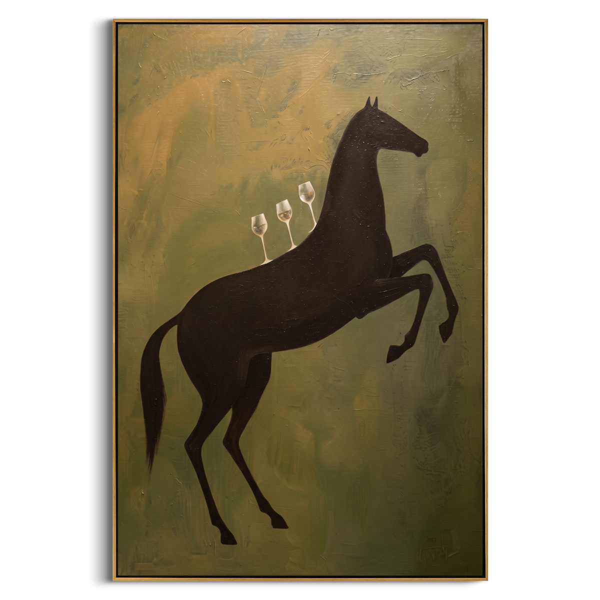 "Green Rearing Horse Painting" - Modern Heavy Impasto Western Animal Artwork | Green & Black Palette Knife Painting | Luxury Vertical Wall Art #PT 1008