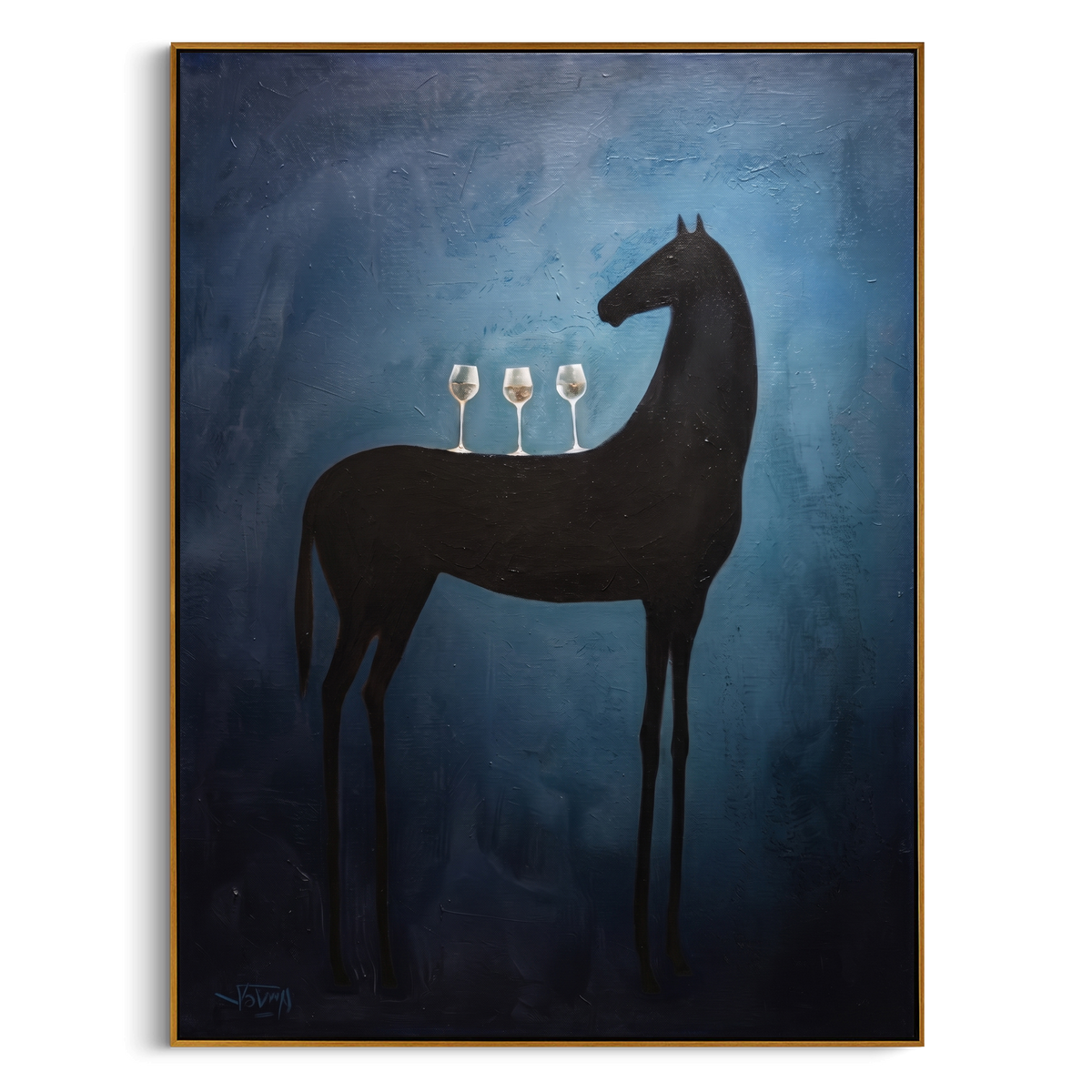 "Blue Standing Horse Painting" - Modern Heavy Impasto Western Animal Artwork | Blue & Black Palette Knife Painting | Luxury Vertical Wall Art #PT 1010