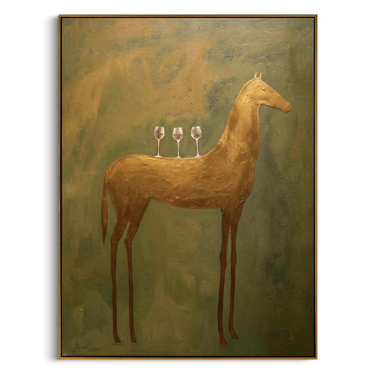 "Golden Standing Horse Painting" - Modern Heavy Impasto Western Animal Artwork | Green & Golden Palette Knife Painting | Luxury Vertical Wall Art #PT 1011