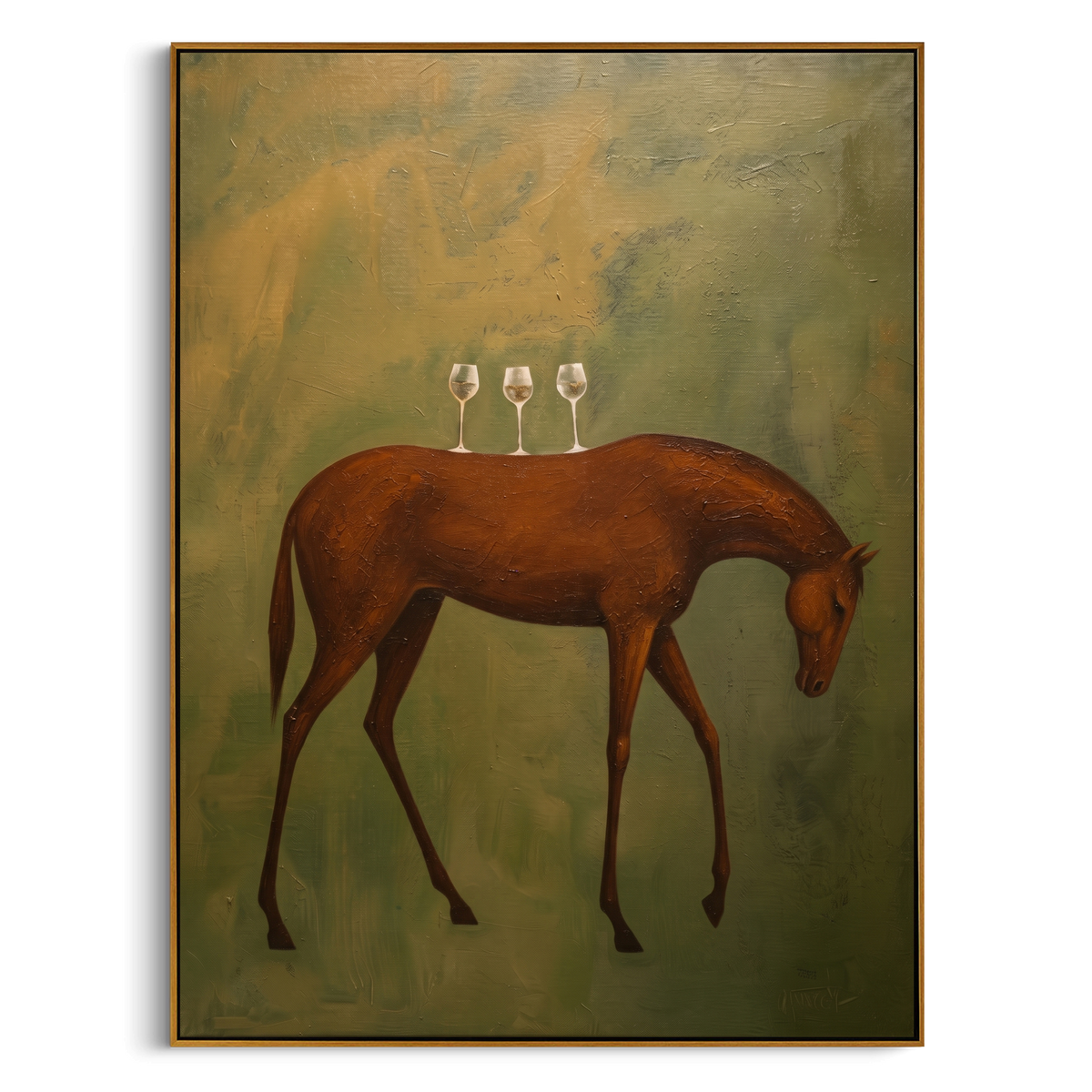 "Brown Grazing Horse Painting" - Modern Heavy Impasto Western Animal Artwork | Green & Brown Palette Knife Painting | Luxury Vertical Wall Art #PT 1012