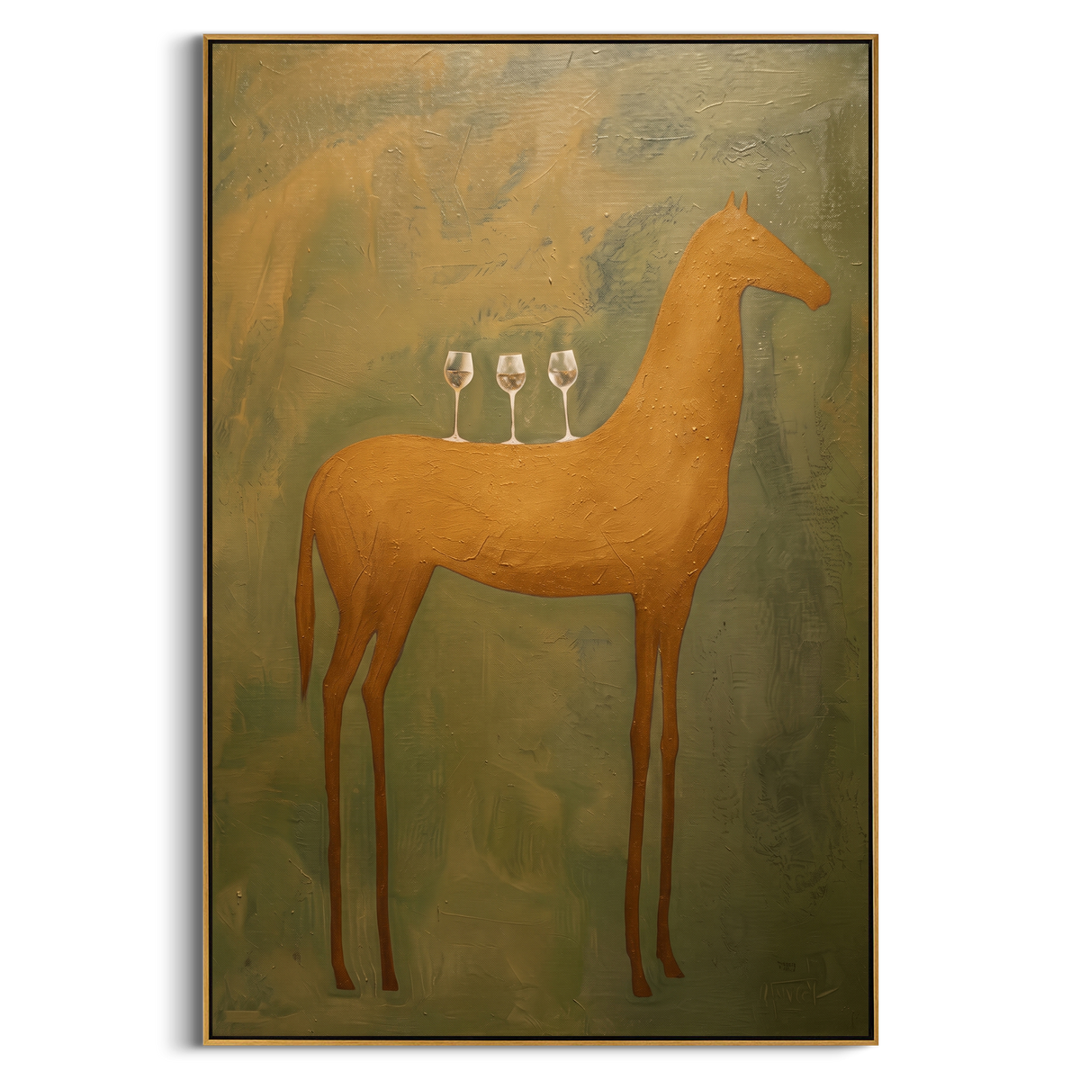 "Gold Horse Wine Glass Painting" - Modern Heavy Impasto Western Animal Artwork | Green & Golden Palette Knife Painting | Luxury Vertical Wall Art #PT 1013