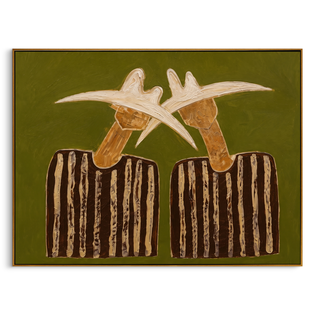 "Twin Cowboy Hats Painting" - Modern Heavy Impasto Western Animal Artwork | Green & Brown Palette Knife Painting | Luxury Horizontal Wall Art #PT 1014