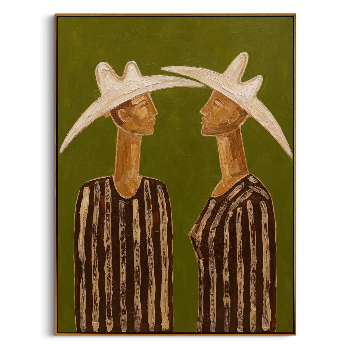 "Facing Cowboy Pair Painting" - Modern Heavy Impasto Western Animal Artwork | Green & Brown Palette Knife Painting | Luxury Vertical Wall Art #PT 1015