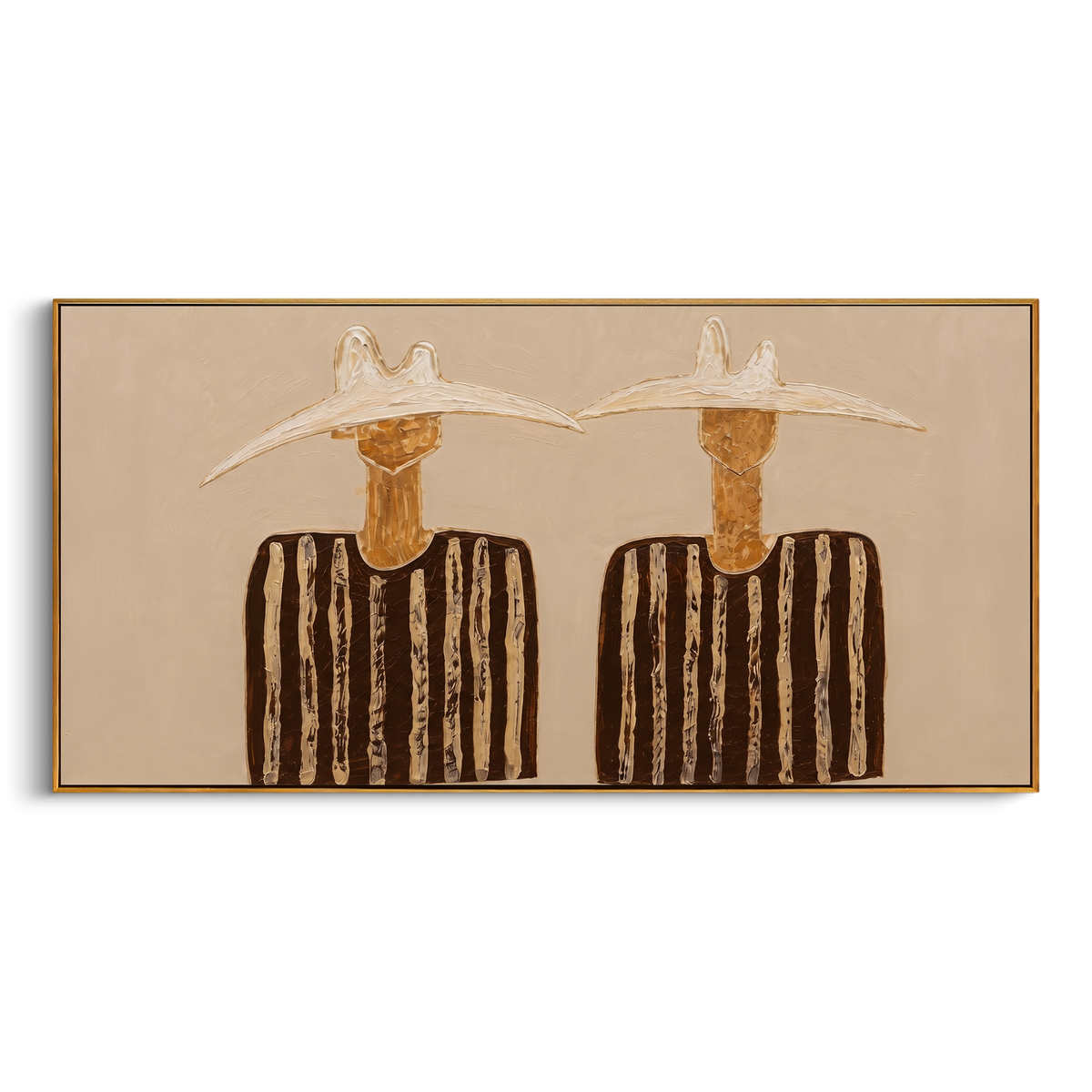 "Panoramic Twin Cowboys Painting" - Modern Heavy Impasto Western Animal Artwork | Beige & Brown Palette Knife Painting | Luxury Horizontal Wall Art #PT 1016