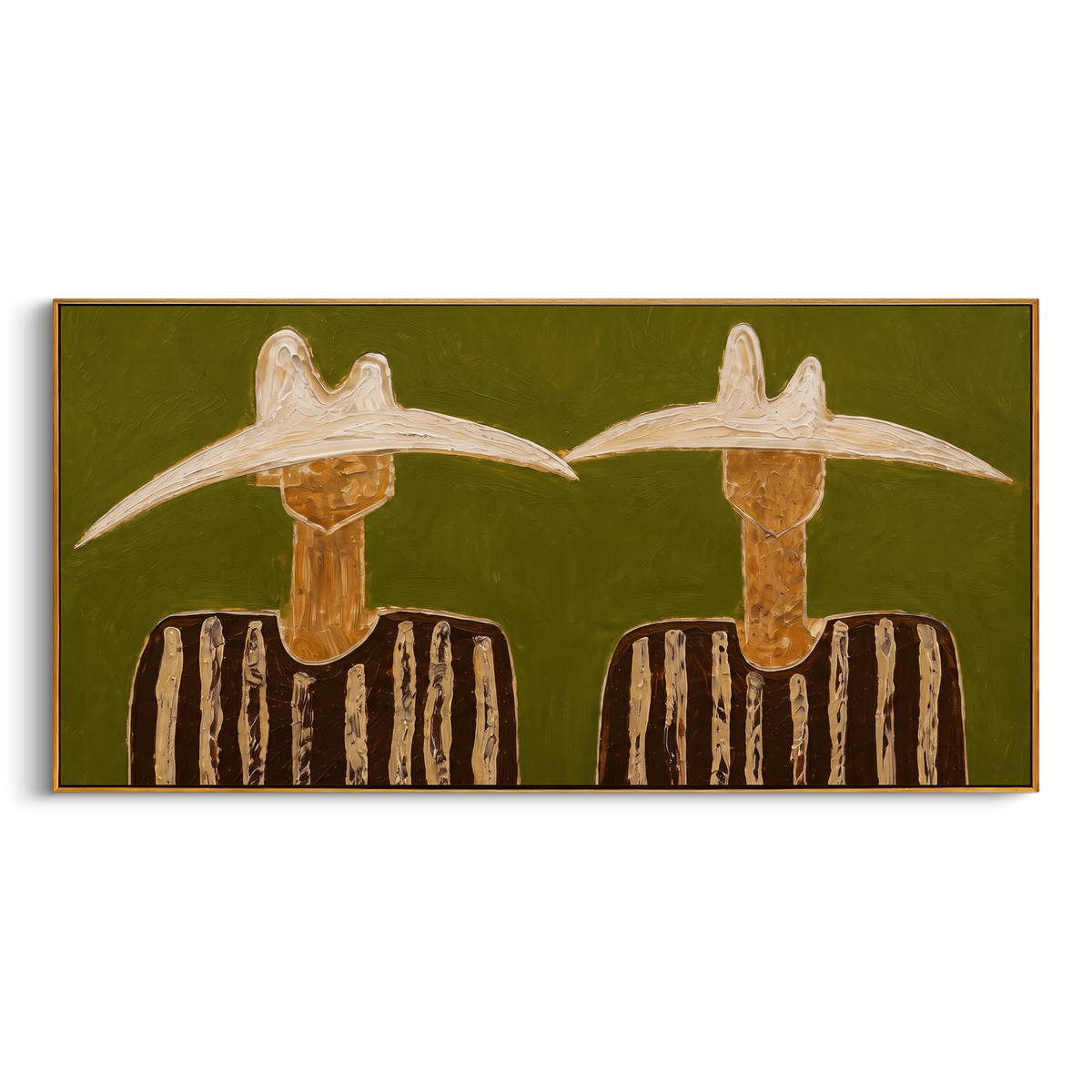 "Green Panoramic Cowboys Painting" - Modern Heavy Impasto Western Animal Artwork | Green & Brown Palette Knife Painting | Luxury Horizontal Wall Art #PT 1017