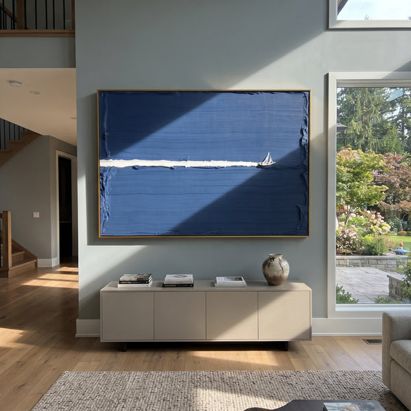 "Deep Blue Minimal Sailboat Trail Painting" - Modern Heavy Impasto Coastal Landscape | Blue & White Palette Knife Painting | Luxury Horizontal Wall Art #PT 1018