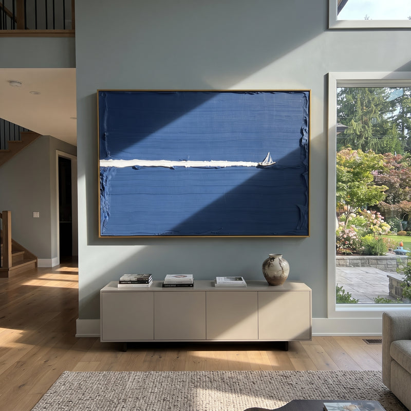 "Deep Blue Minimal Sailboat Trail Painting" - Modern Heavy Impasto Coastal Landscape | Blue & White Palette Knife Painting | Luxury Horizontal Wall Art #PT 1018