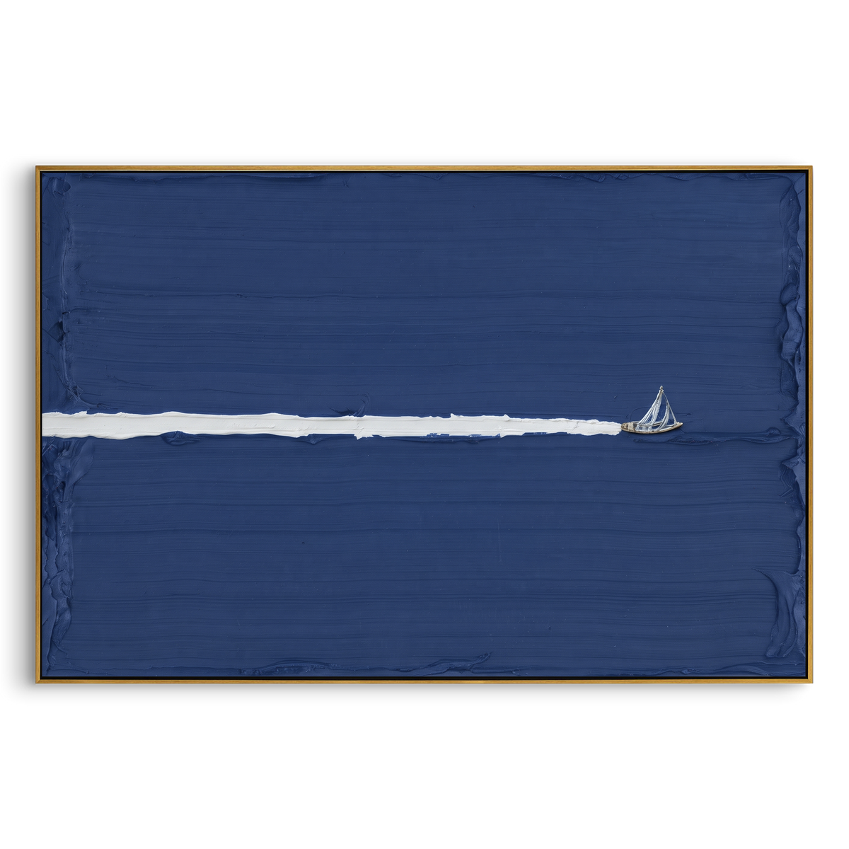 "Deep Blue Minimal Sailboat Trail Painting" - Modern Heavy Impasto Coastal Landscape | Blue & White Palette Knife Painting | Luxury Horizontal Wall Art #PT 1018