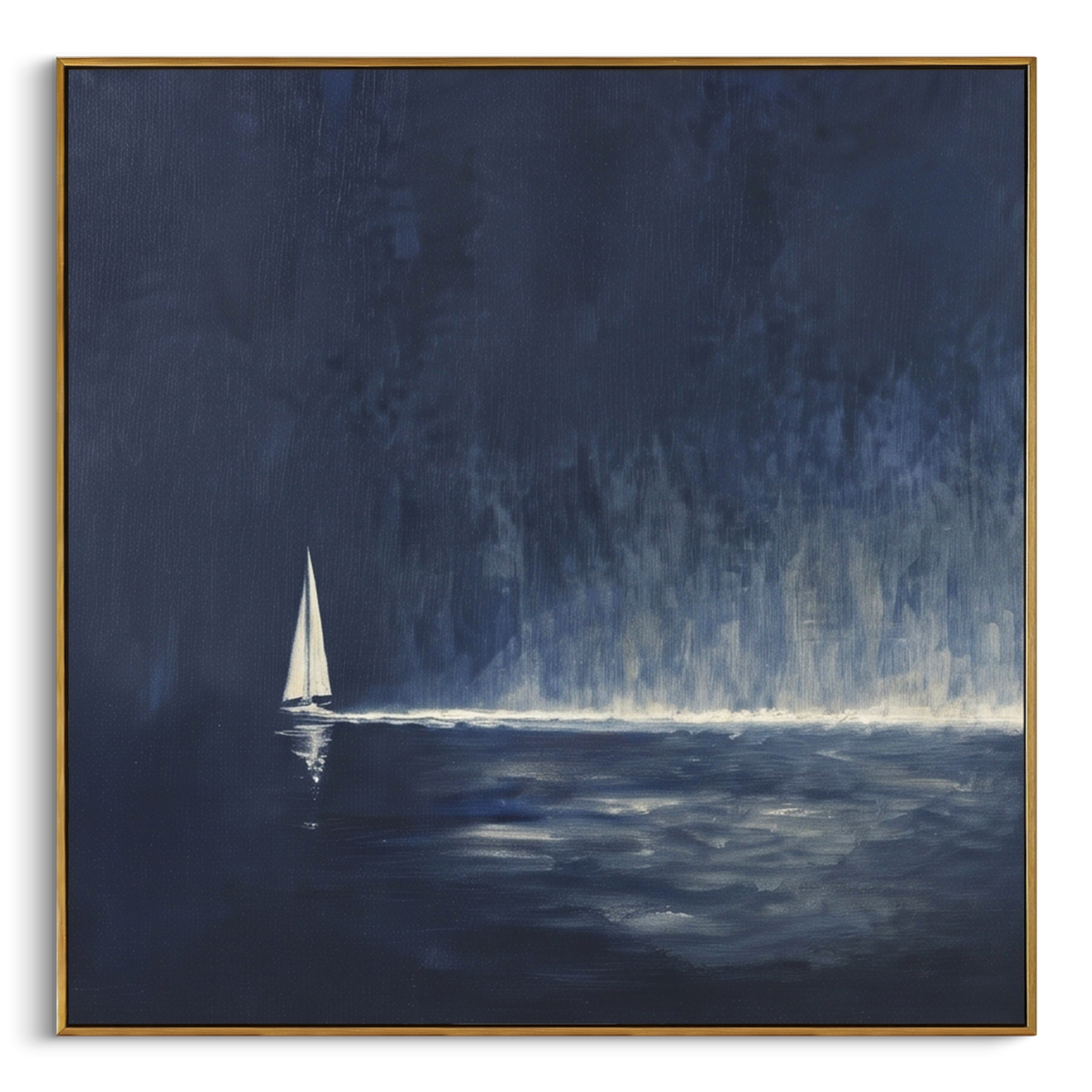 "Navy Nocturne Sailboat Seascape Painting" - Modern Heavy Impasto Coastal Landscape | Blue & White Palette Knife Painting | Luxury Square Wall Art #PT 1019