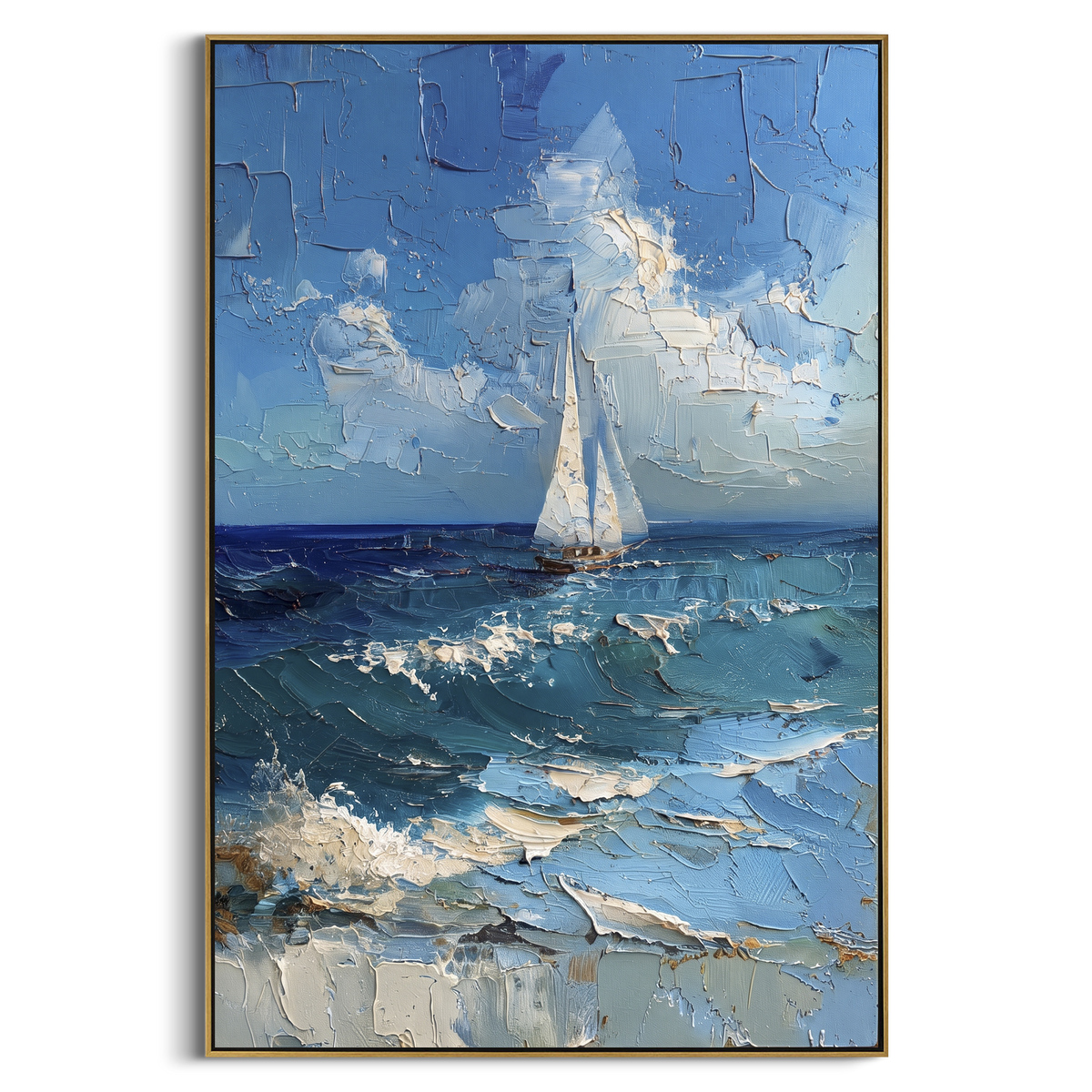"Blue Impasto Sailboat Ocean Painting" - Modern Heavy Impasto Coastal Landscape | Blue & White Palette Knife Painting | Luxury Vertical Wall Art #PT 1020