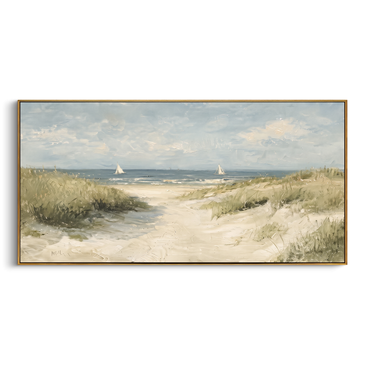 "Coastal Dune Sailboats Seascape Painting" - Modern Heavy Impasto Coastal Landscape | Beige & Blue Palette Knife Painting | Luxury Horizontal Wall Art #PT 1021