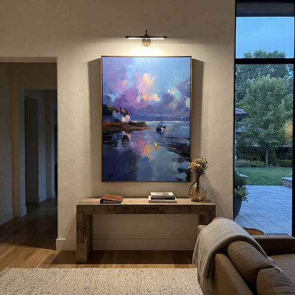 "Blue Harbor Sailboat Sunset Painting" - Modern Heavy Impasto Coastal Landscape | Blue & Purple Palette Knife Painting | Luxury Vertical Wall Art #PT 1022