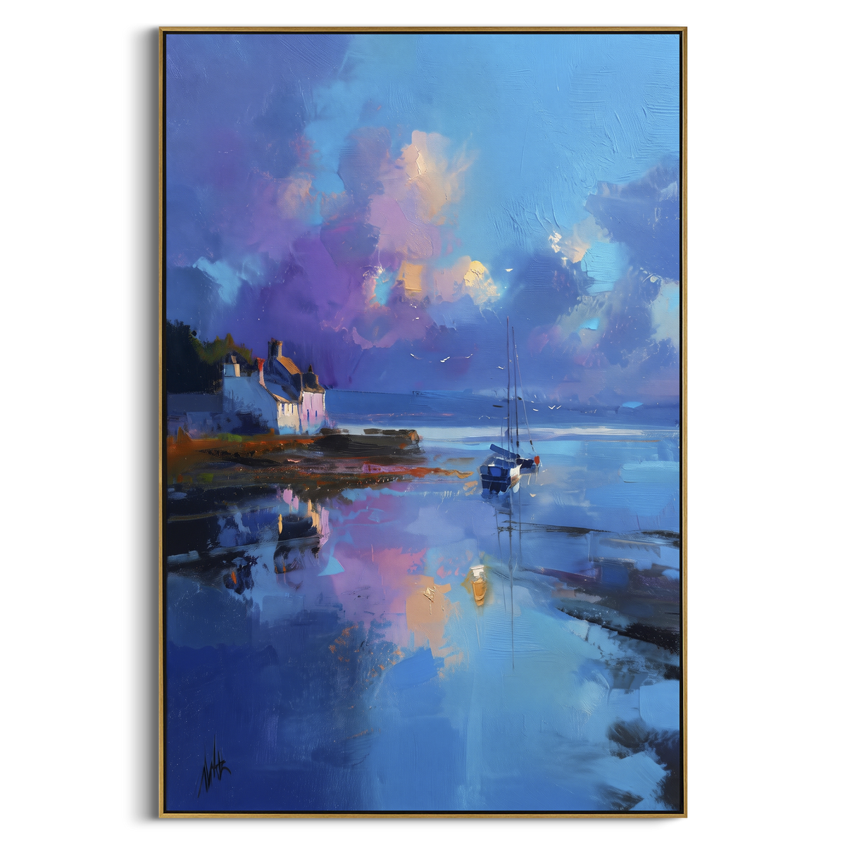 "Blue Harbor Sailboat Sunset Painting" - Modern Heavy Impasto Coastal Landscape | Blue & Purple Palette Knife Painting | Luxury Vertical Wall Art #PT 1022