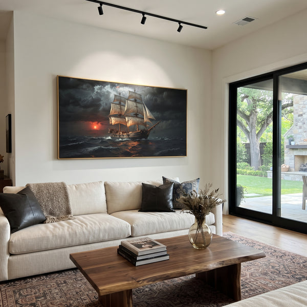 "Storm Sunset Tall Ship Seascape Painting" - Modern Heavy Impasto Coastal Landscape | Black & Blue Palette Knife Painting | Luxury Horizontal Wall Art #PT 1023