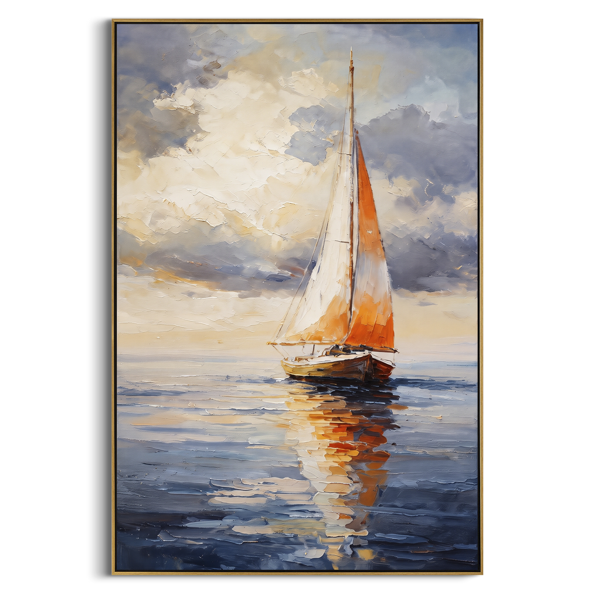 "Orange Sailboat Reflection Painting" - Modern Heavy Impasto Coastal Landscape | Orange & White Palette Knife Painting | Luxury Vertical Wall Art #PT 1024