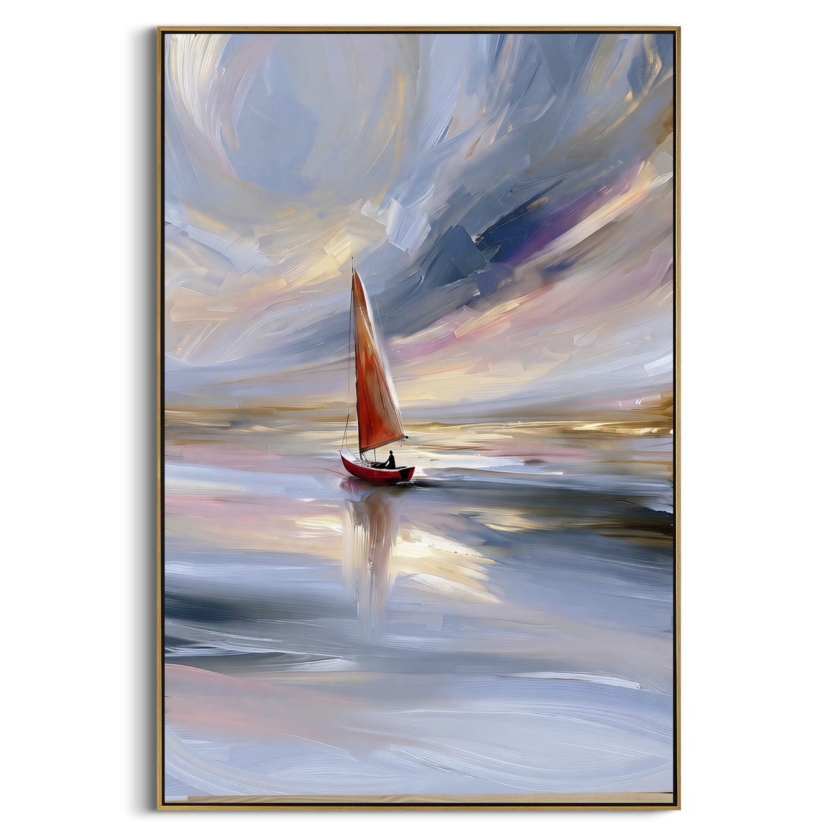 "Red Sailboat Abstract Seascape Painting" - Modern Heavy Impasto Coastal Landscape | Blue & Red Palette Knife Painting | Luxury Vertical Wall Art #PT 1025