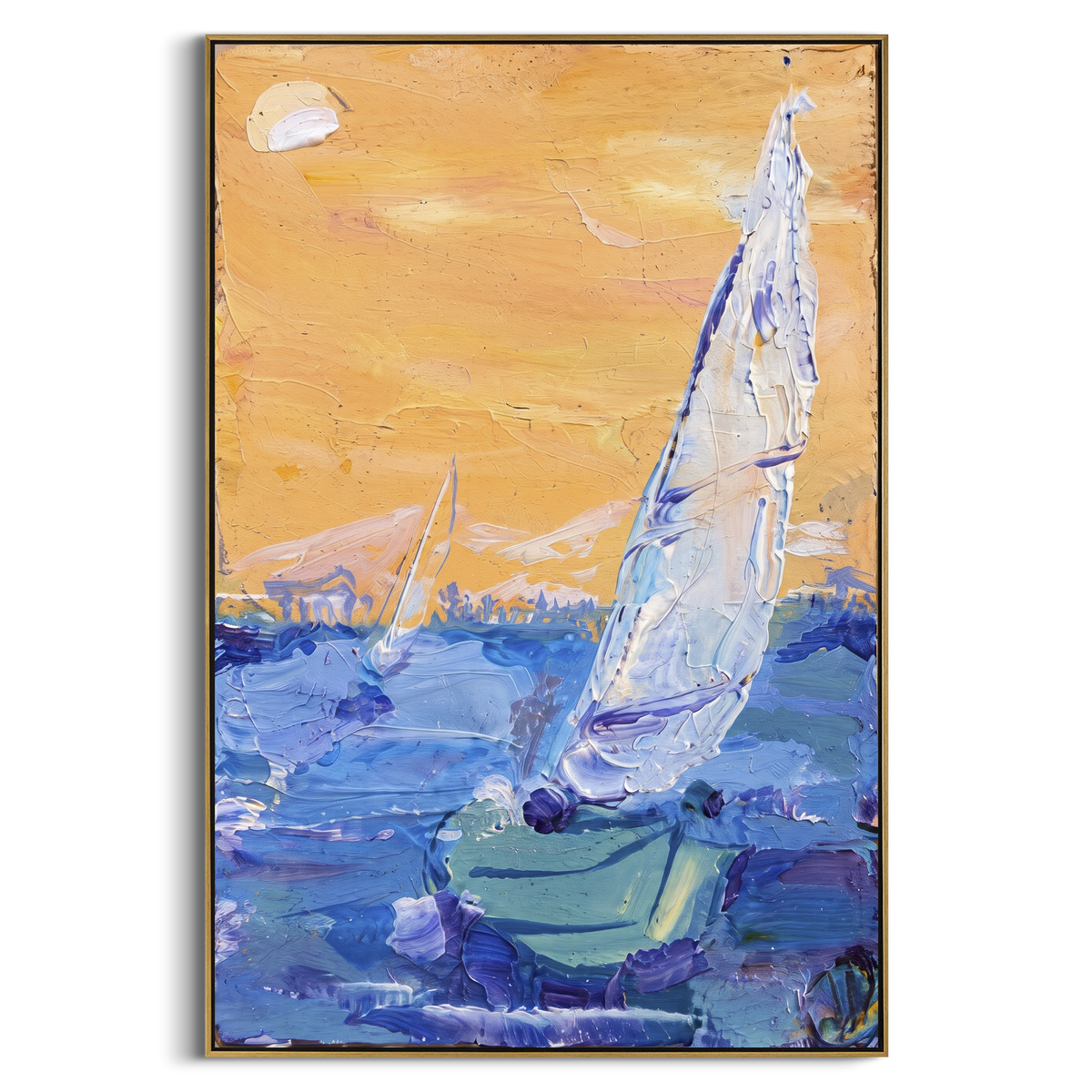 "Warm Yellow Impasto Sailboat Painting" - Modern Heavy Impasto Coastal Landscape | Yellow & Blue Palette Knife Painting | Luxury Vertical Wall Art #PT 1026