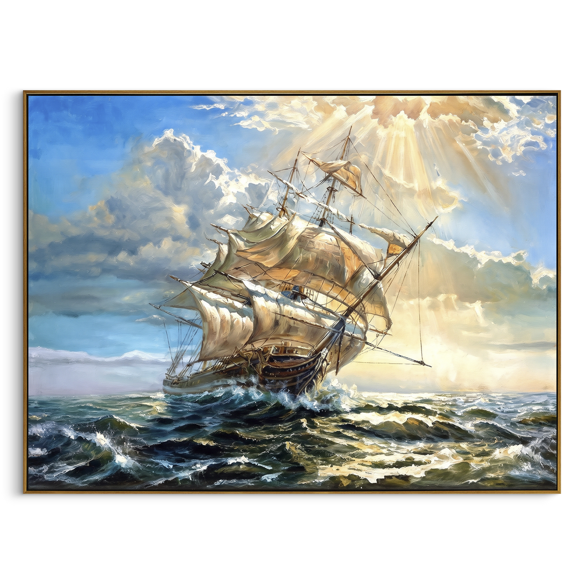 "Sunlit Tall Ship Ocean Painting" - Modern Heavy Impasto Coastal Landscape | Blue & White Palette Knife Painting | Luxury Horizontal Wall Art #PT 1027