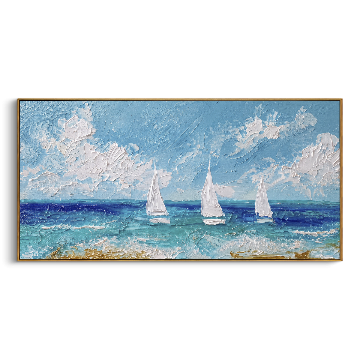 "Three Sailboats Turquoise Seascape Painting" - Modern Heavy Impasto Coastal Landscape | Blue & White Palette Knife Painting | Luxury Horizontal Wall Art #PT 1028