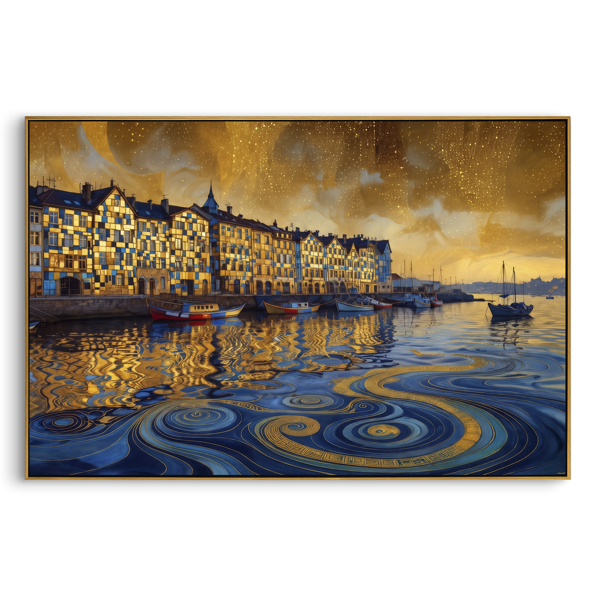 "Golden Harbor Architecture Sailboat Painting" - Modern Heavy Impasto Coastal Landscape | Golden & Blue Palette Knife Painting | Luxury Horizontal Wall Art #PT 1029