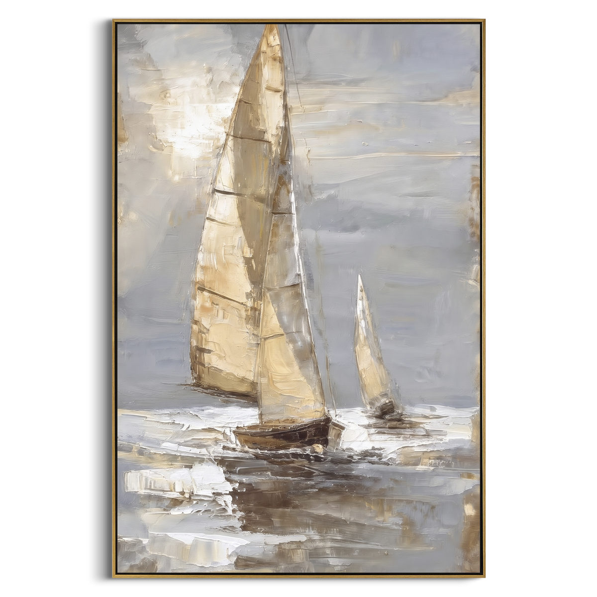"Grey Gold Minimal Sailboats Painting" - Modern Heavy Impasto Coastal Landscape | Grey & Golden Palette Knife Painting | Luxury Vertical Wall Art #PT 1030