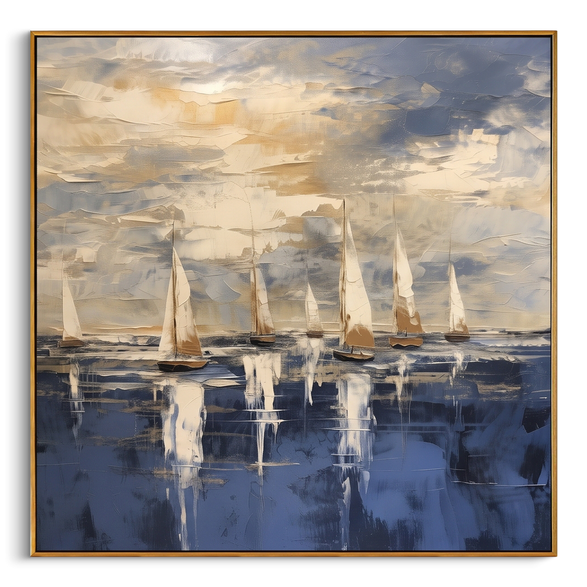 "Blue Gold Abstract Sailboats Painting" - Modern Heavy Impasto Coastal Landscape | Blue & Golden Palette Knife Painting | Luxury Square Wall Art #PT 1031