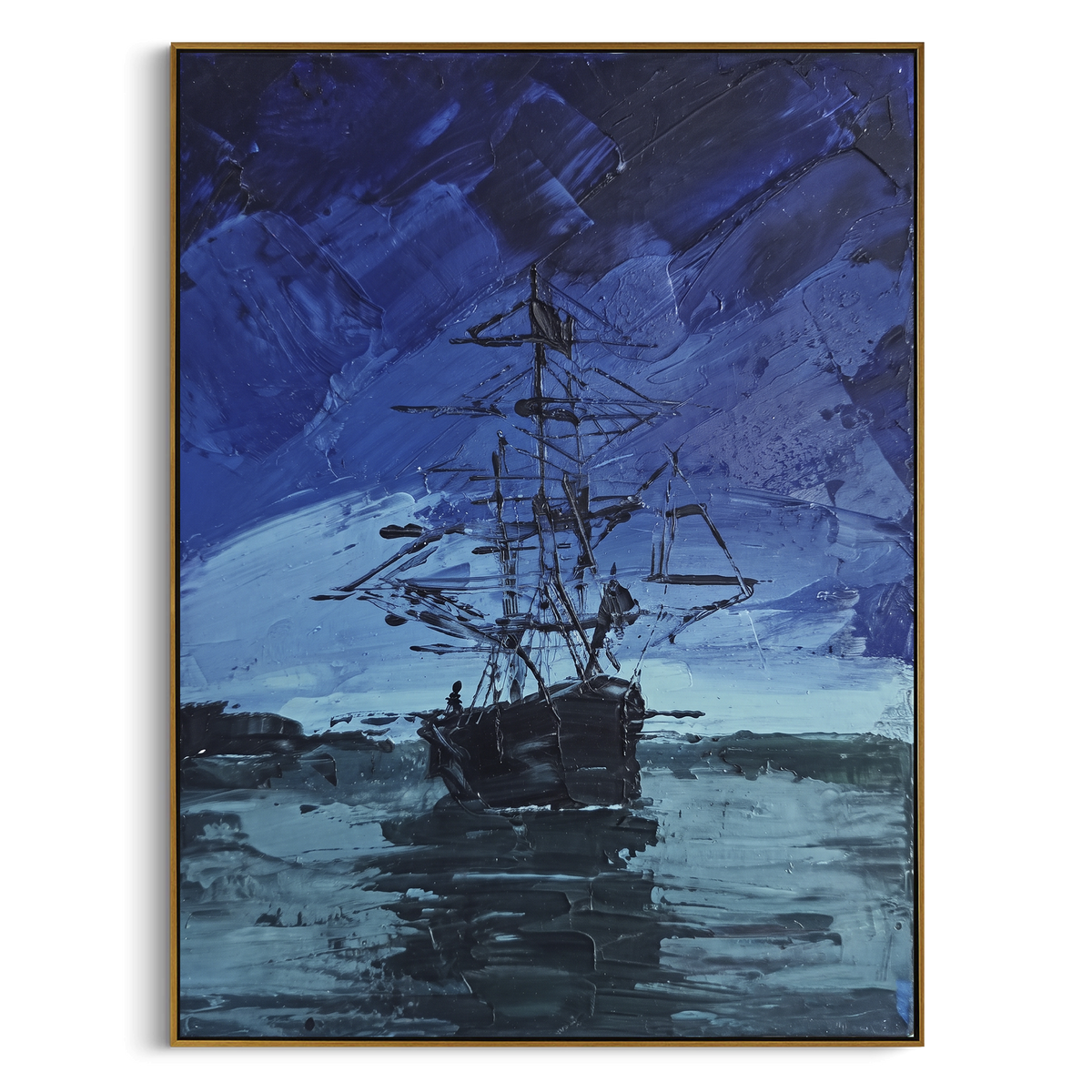 "Deep Blue Night Ship Painting" - Modern Heavy Impasto Coastal Landscape | Blue & Black Palette Knife Painting | Luxury Vertical Wall Art #PT 1032