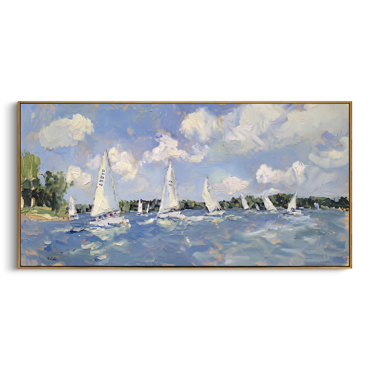 "Regatta Sailboats Lake Painting" - Modern Heavy Impasto Coastal Landscape | Blue & White Palette Knife Painting | Luxury Horizontal Wall Art #PT 1033
