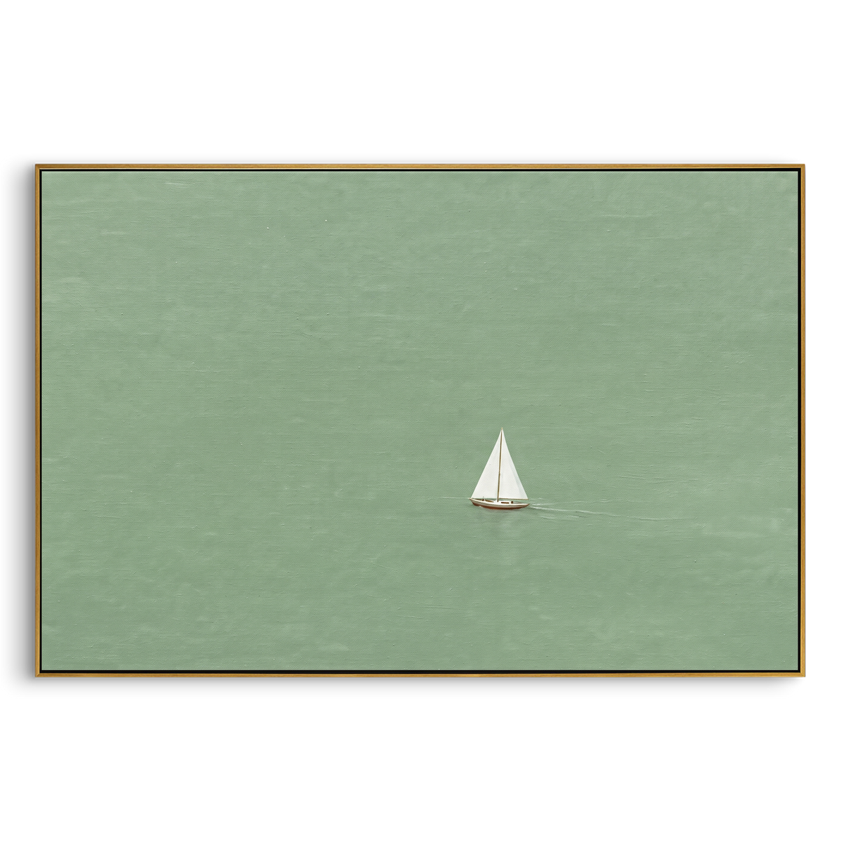 "Green Minimal Sailboat Painting" - Modern Heavy Impasto Coastal Landscape | Green & White Palette Knife Painting | Luxury Horizontal Wall Art #PT 1034