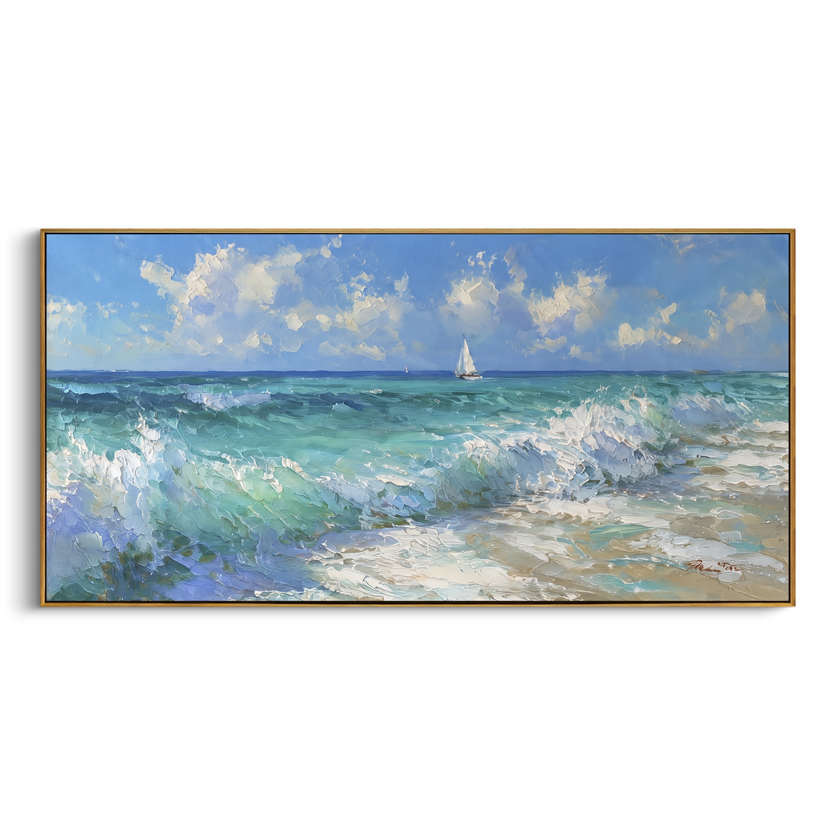 "Turquoise Wave Sailboat Seascape Painting" - Modern Heavy Impasto Coastal Landscape | Blue & White Palette Knife Painting | Luxury Horizontal Wall Art #PT 1035