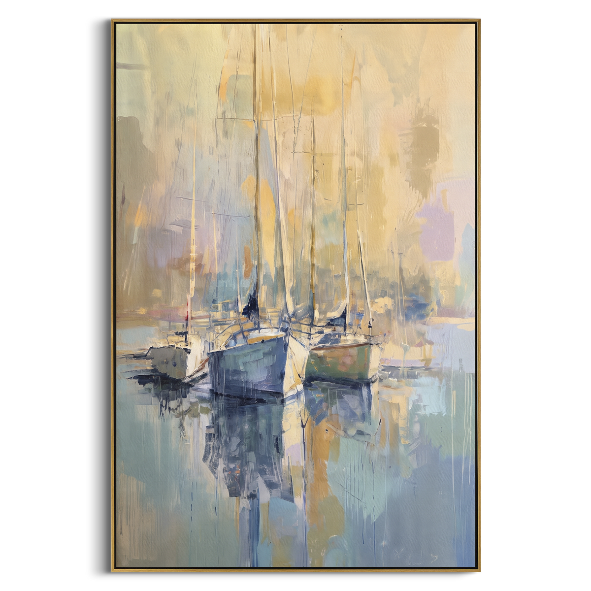 "Soft Harbor Sailboats Painting" - Modern Heavy Impasto Coastal Landscape | Yellow & Blue Palette Knife Painting | Luxury Vertical Wall Art #PT 1036