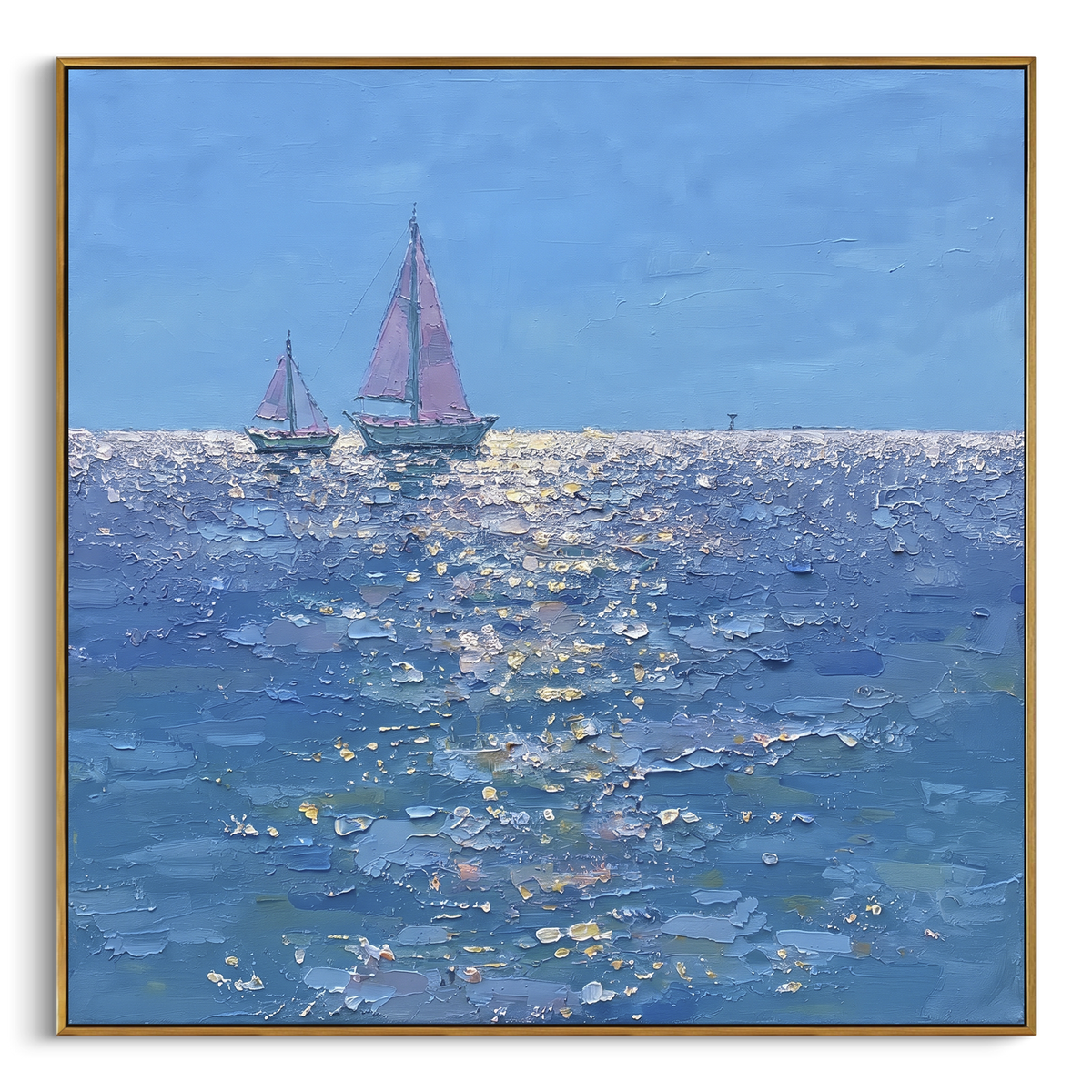 "Pink Sailboats Blue Water Painting" - Modern Heavy Impasto Coastal Landscape | Blue & Pink Palette Knife Painting | Luxury Square Wall Art #PT 1037
