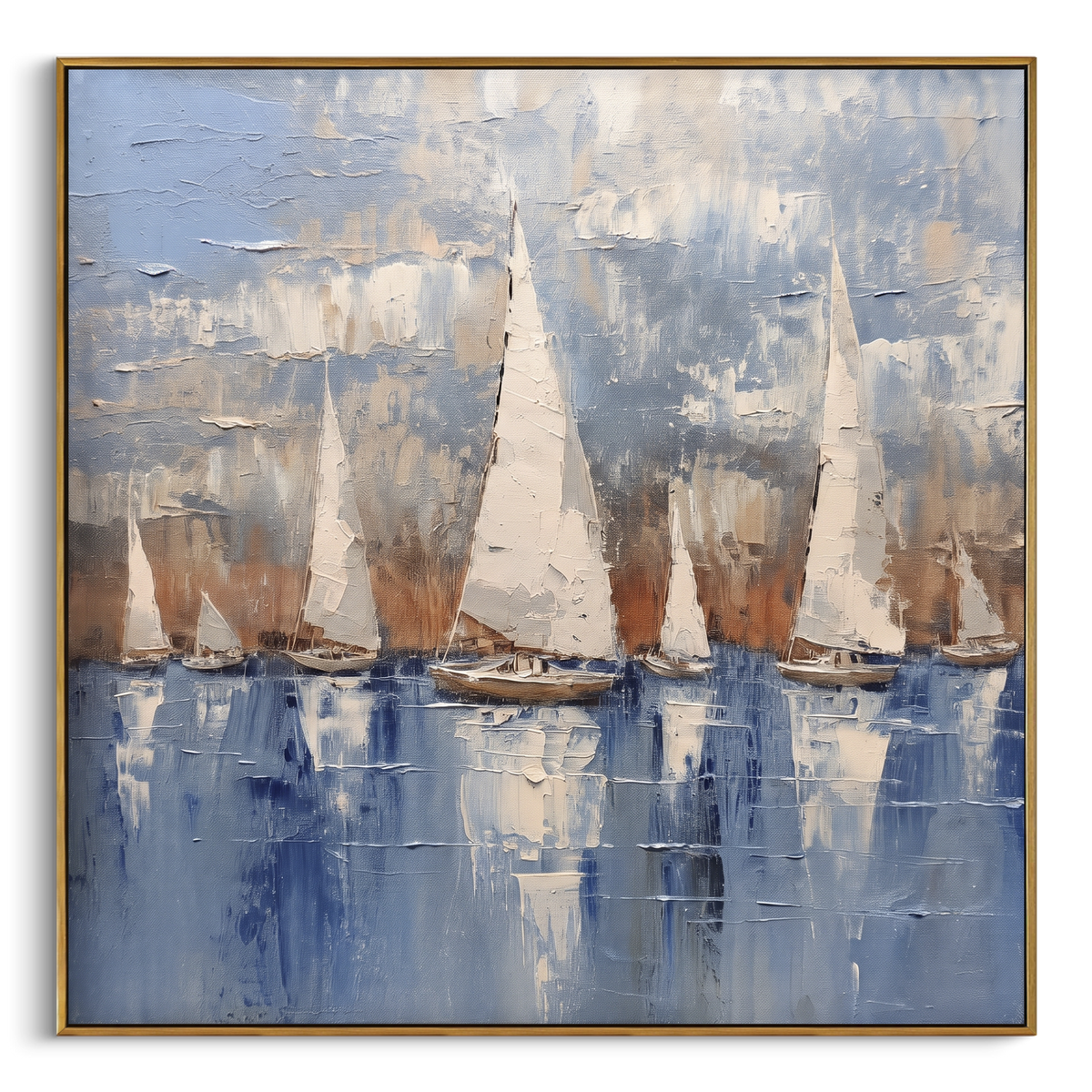 "Blue Grey Abstract Sailboats Painting" - Modern Heavy Impasto Coastal Landscape | Blue & Grey Palette Knife Painting | Luxury Square Wall Art #PT 1038