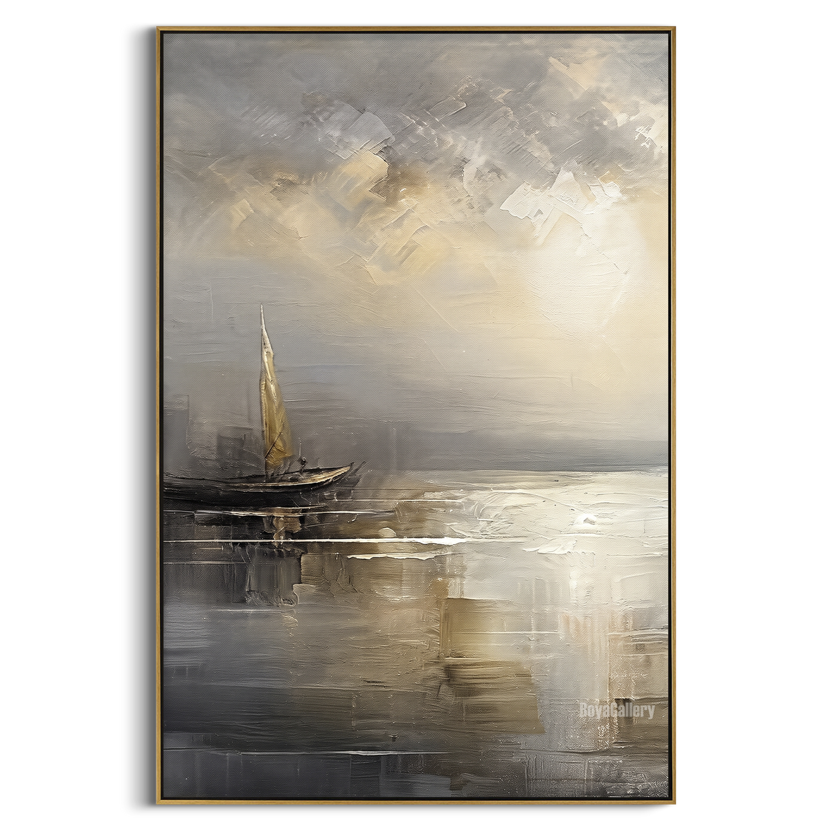 "Grey Gold Quiet Sailboat Painting" - Modern Heavy Impasto Coastal Landscape | Grey & Golden Palette Knife Painting | Luxury Vertical Wall Art #PT 1039