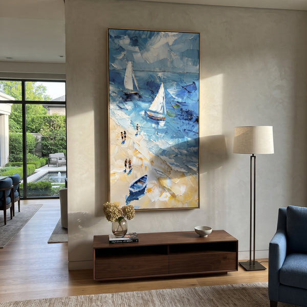 "Beach Walk Sailboats Painting" - Modern Heavy Impasto Coastal Landscape | Blue & White Palette Knife Painting | Luxury Wall Wall Art #PT 1041