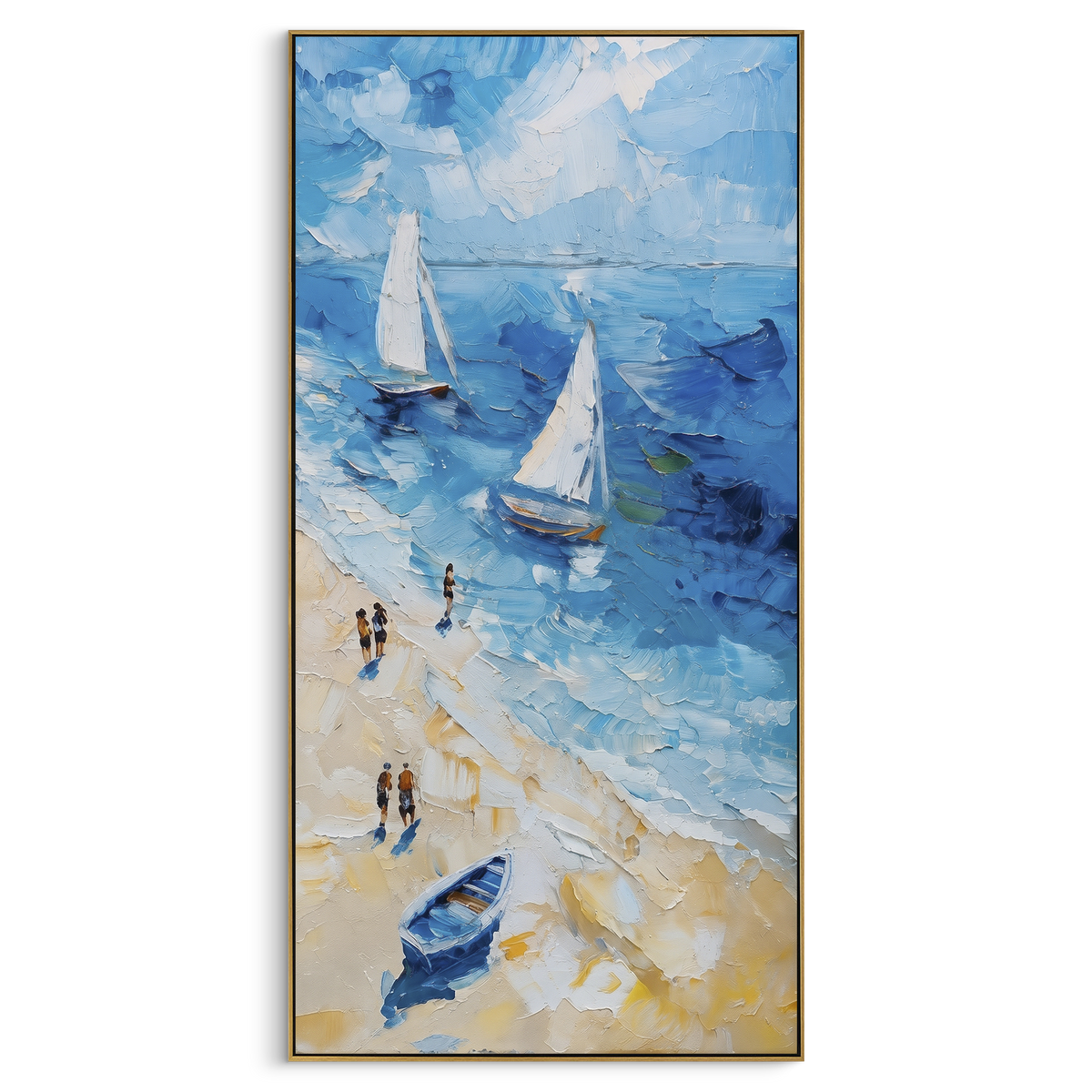 "Beach Walk Sailboats Painting" - Modern Heavy Impasto Coastal Landscape | Blue & White Palette Knife Painting | Luxury Wall Wall Art #PT 1041