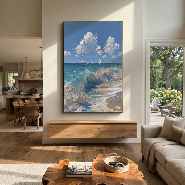 "Turquoise Wave Sailboat Painting" - Modern Heavy Impasto Coastal Landscape | Blue & White Palette Knife Painting | Luxury Vertical Wall Art #PT 1042