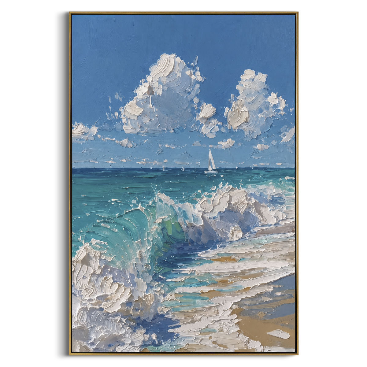 "Turquoise Wave Sailboat Painting" - Modern Heavy Impasto Coastal Landscape | Blue & White Palette Knife Painting | Luxury Vertical Wall Art #PT 1042