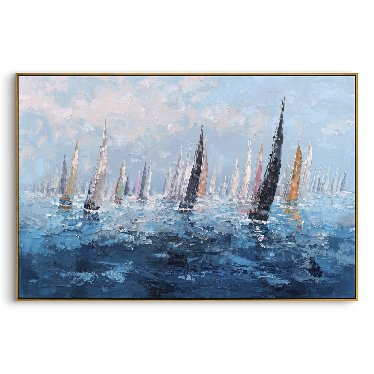 "Regatta Fleet Seascape Painting" - Modern Heavy Impasto Coastal Landscape | Blue & White Palette Knife Painting | Luxury Horizontal Wall Art #PT 1043