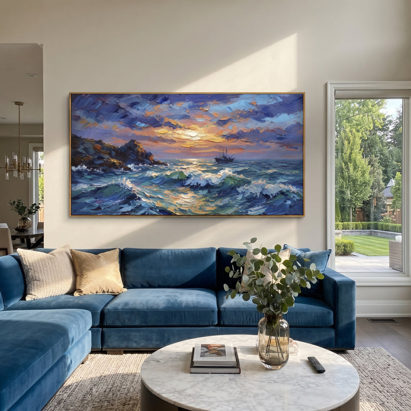 "Sunset Ocean Boat Seascape Painting" - Modern Heavy Impasto Coastal Landscape | Blue & Orange Palette Knife Painting | Luxury Horizontal Wall Art #PT 1044