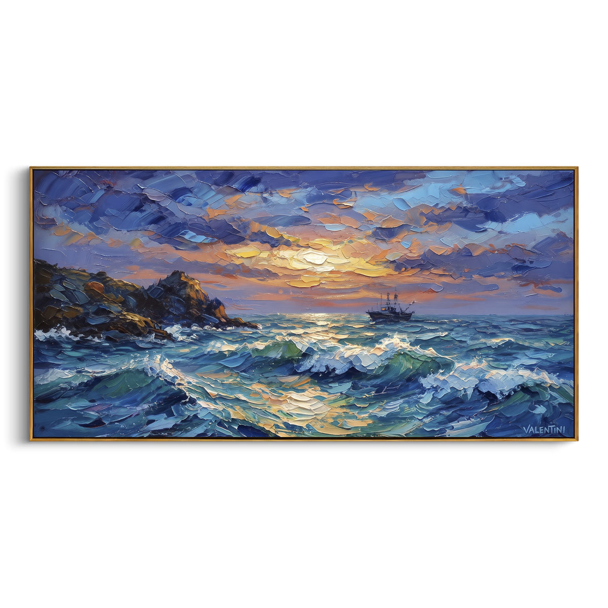 "Sunset Ocean Boat Seascape Painting" - Modern Heavy Impasto Coastal Landscape | Blue & Orange Palette Knife Painting | Luxury Horizontal Wall Art #PT 1044
