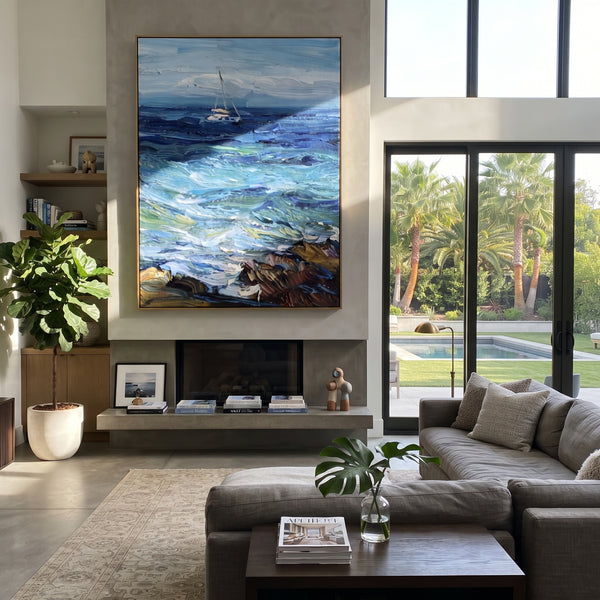 "Rocky Coast Sailboat Seascape Painting" - Modern Heavy Impasto Coastal Landscape | Blue & Green Palette Knife Painting | Luxury Vertical Wall Art #PT 1045