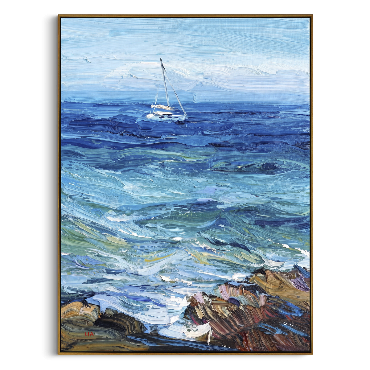 "Rocky Coast Sailboat Seascape Painting" - Modern Heavy Impasto Coastal Landscape | Blue & Green Palette Knife Painting | Luxury Vertical Wall Art #PT 1045