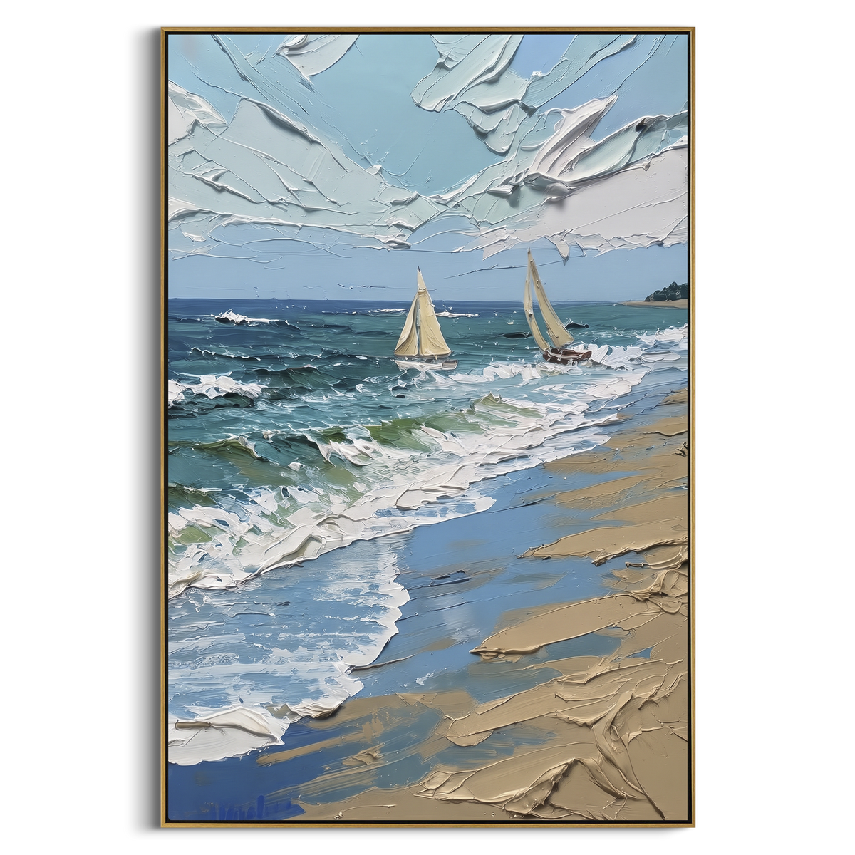 "Beach Surf Sailboats Painting" - Modern Heavy Impasto Coastal Landscape | Blue & White Palette Knife Painting | Luxury Vertical Wall Art #PT 1046