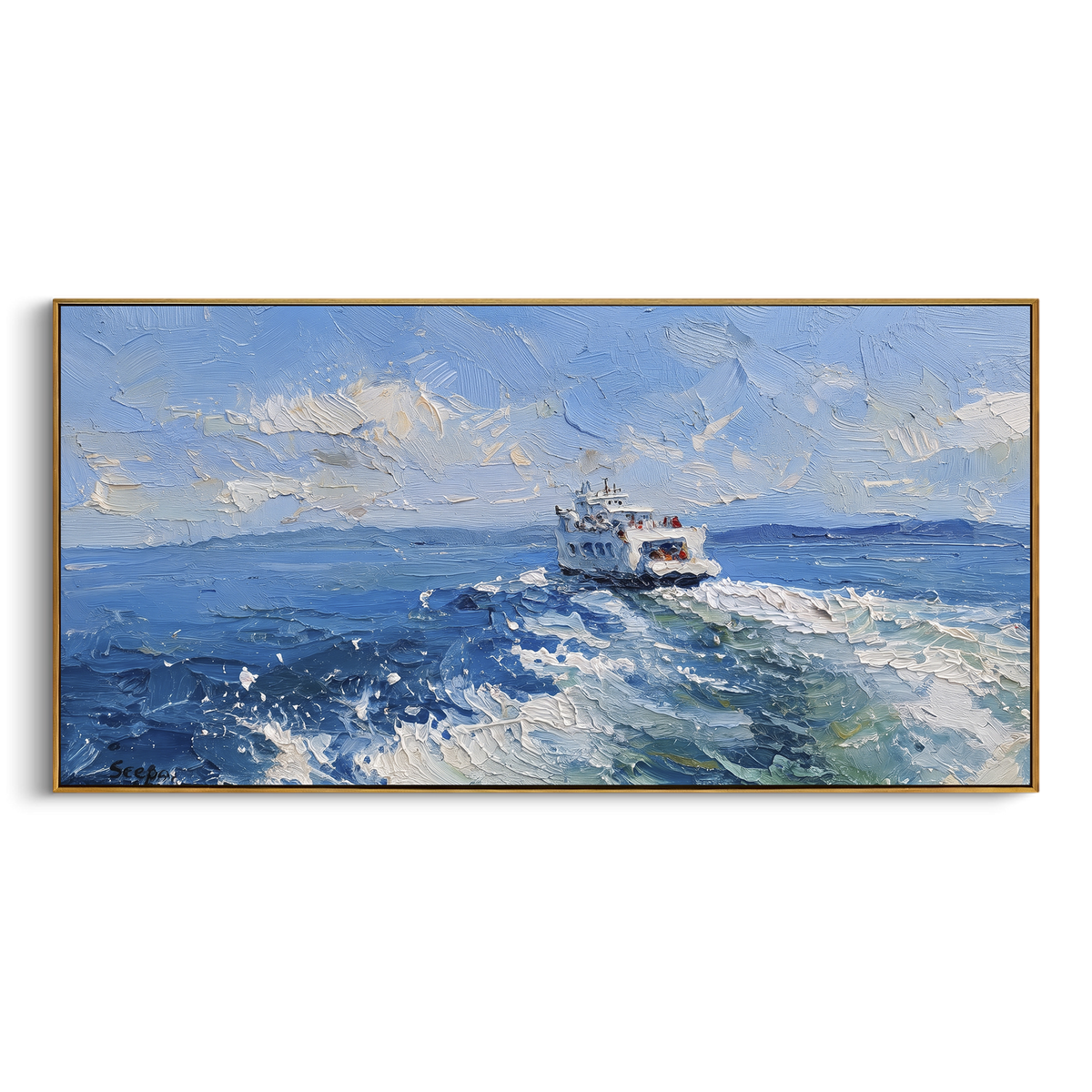 "Blue Ocean Ferry Seascape Painting" - Modern Heavy Impasto Coastal Landscape | Blue & White Palette Knife Painting | Luxury Horizontal Wall Art #PT 1047