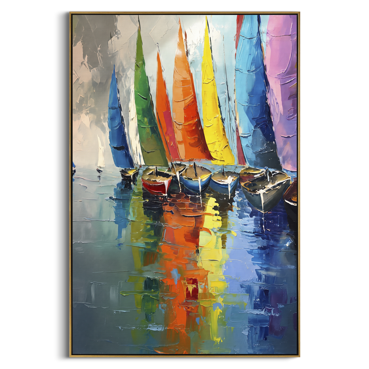 "Colorful Harbor Sailboats Painting" - Modern Heavy Impasto Coastal Landscape | Blue & Orange Palette Knife Painting | Luxury Vertical Wall Art #PT 1048